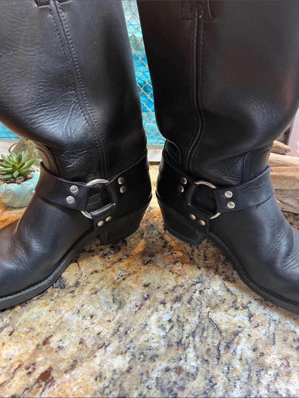 Frye Black Leather Harness Mid-Calf Boots with Silver Ring - Picture 9 of 10